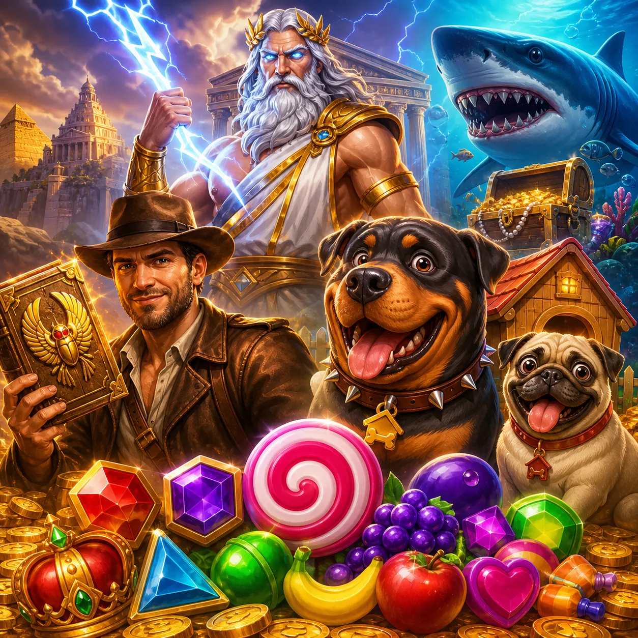 A vibrant scene of mythical creatures and fantasy landscapes showcasing premium slot game visuals.