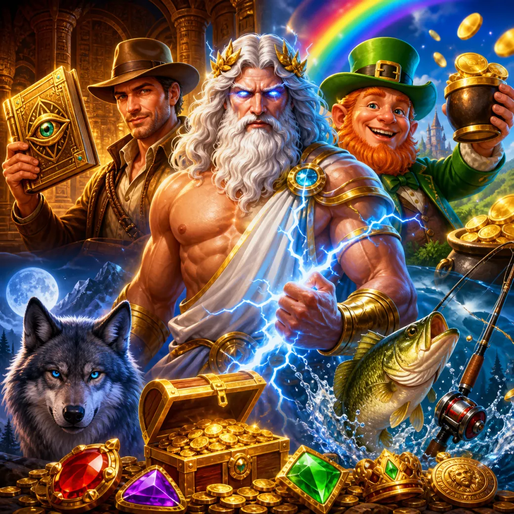 Promotional artwork of a mythological slot game featuring divine characters and Olympus backdrop.
