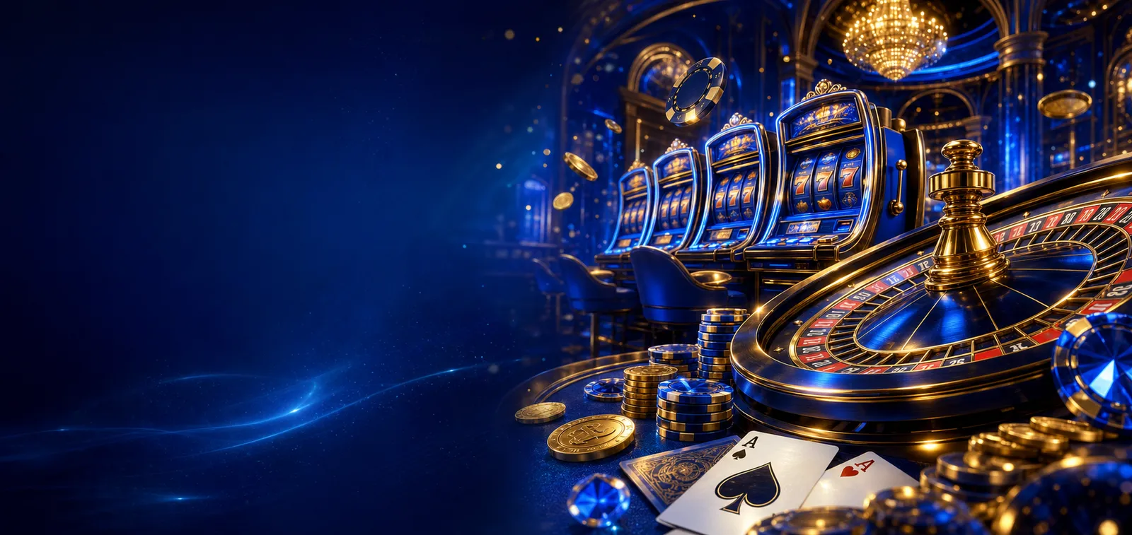 Energetic and luxurious online casino background for Winnita Italy, featuring rich blue and gold tones with dynamic casino ob